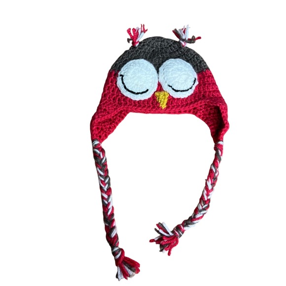 Crochet Owl Kids Beanie Winter Hat Braided Ties Warm Knit Cap See Measurements - Picture 1 of 5